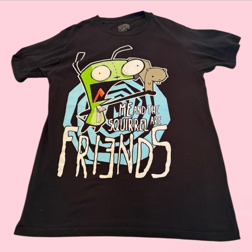 Hot Topic Black Tee with Green and Blue Cartoon Design